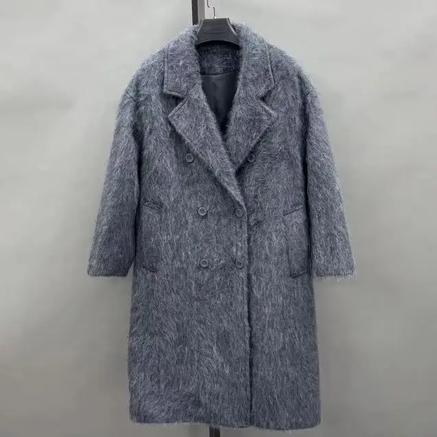 JANEFUR Women Brushed Fluffy Wool Blend Long Woolen Overcoat Lapel Double Breasted Winter Coat JFB7-26011