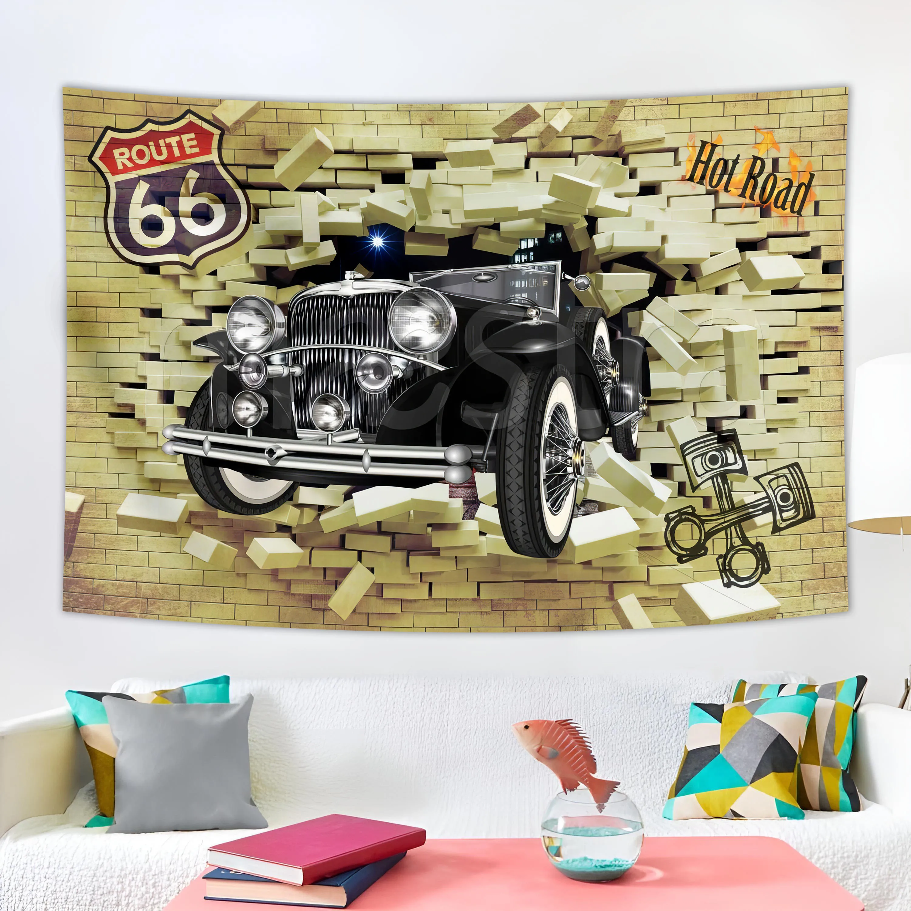 

Vintage Poster Vintage Car Broken Wall Classic Cars Tapestry Background Home Decoration Room Banner Wall Hanging Sofa Blanket