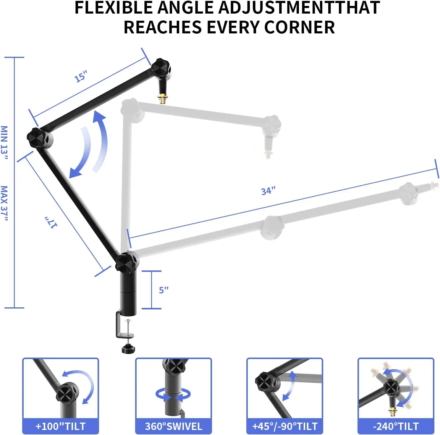 Microphone Boom Arm, Sturdy Stable Adjustable 360° Mike Arm Mic Boom Arm Stand for YouTube Broadcasting Equipment