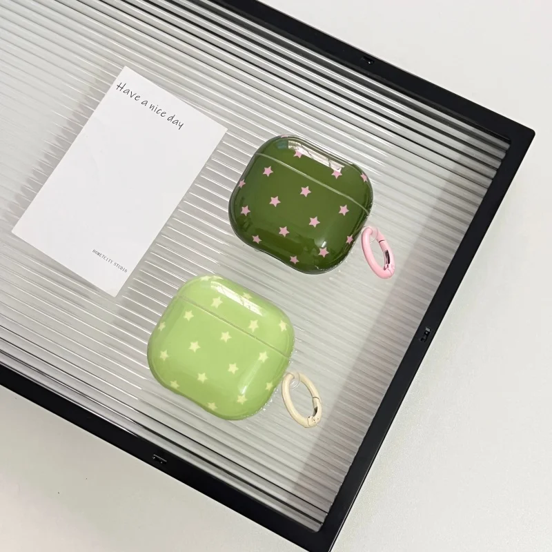 Light Green Stars Pattern IMD Protective Cover Case with Pendant For Airpods Pro, Pro2, Pro3, 1, 2, 3, 4, Anti-fall