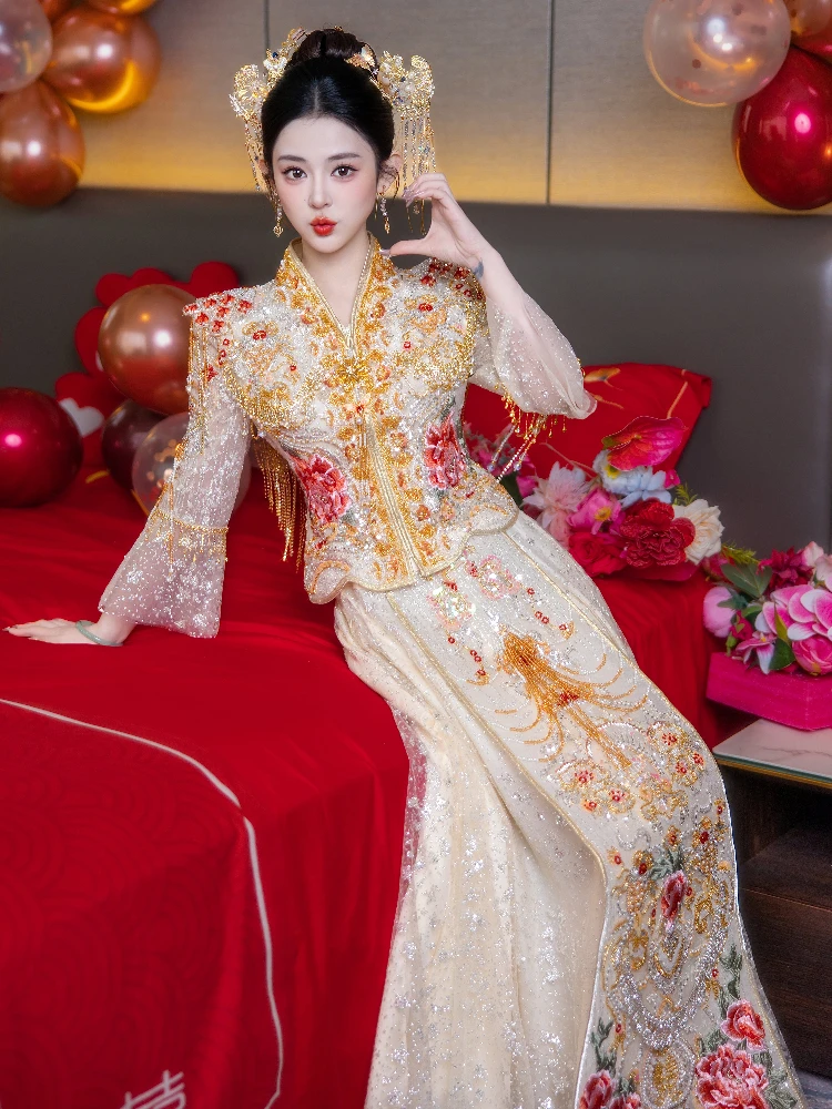 

Xiuhe Одежда Свадебная одежда 2025 Новый тост цвета шампанского Высококачественное тонкое платье для тяжелой промышленности для женщин