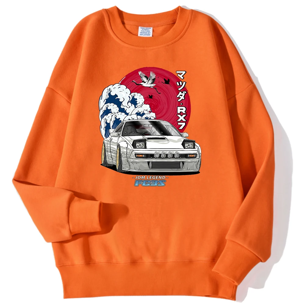 Japanese Car Waves Crane Red Sun Print Man Pullovers Oversize Fleece Hoodie Simple Crewneck Sweatshirt Autumn Casual Clothes