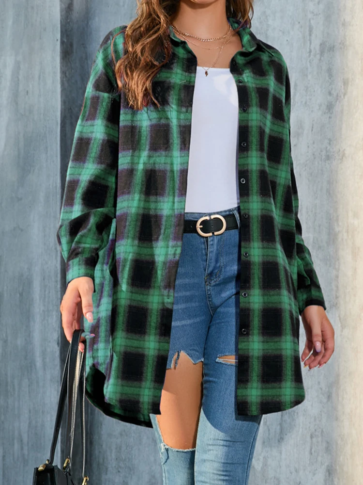 

Women Plaid Shirts Autumn Winter Casual Long Sleeve Oversized Blouse Female Vintage Loose Turn Down Collar Single Breasted Tops