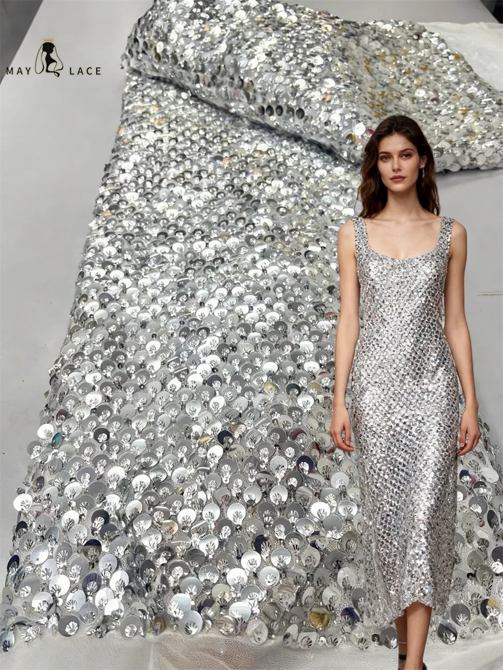 

2026 Elegant African Nigerian Silver Sequins Lace High-end Luxury French Sequins Mesh Lace Fabric Women's Party Evening Dresses
