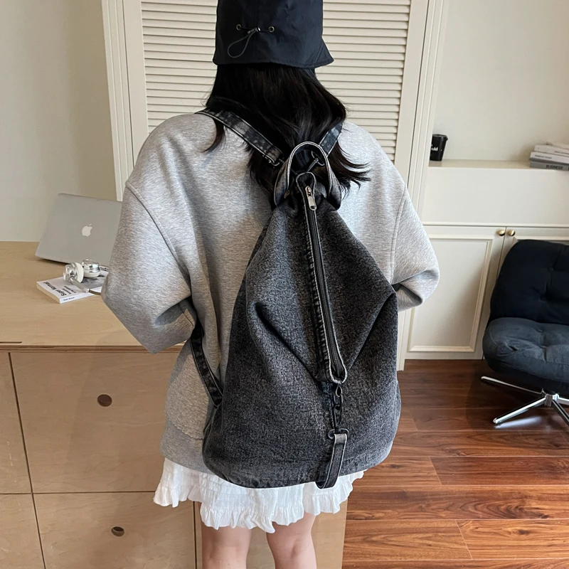 백팩 여성 패션 백팩 캐주얼백팩 경량백팩 학생가방 한국인후기많은 가방 여성을위한 맞춤형 디자인 패션 배낭 워시 데님 패브릭 대용량 어깨 버킷 가방 품질 여행 배낭