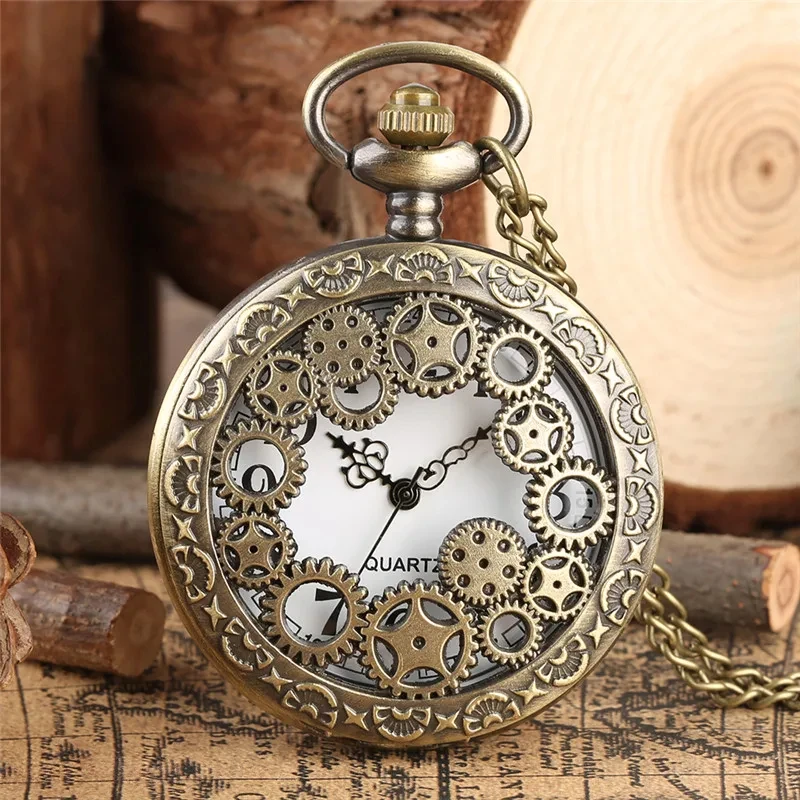 Nowe mody Retro Design Hollow Gear Fob zegarek Vintage brązowy zegarek kieszonkowy naszyjnik łańcuszek wisiorek zegarki kwarcowe prezenty urodzinowe