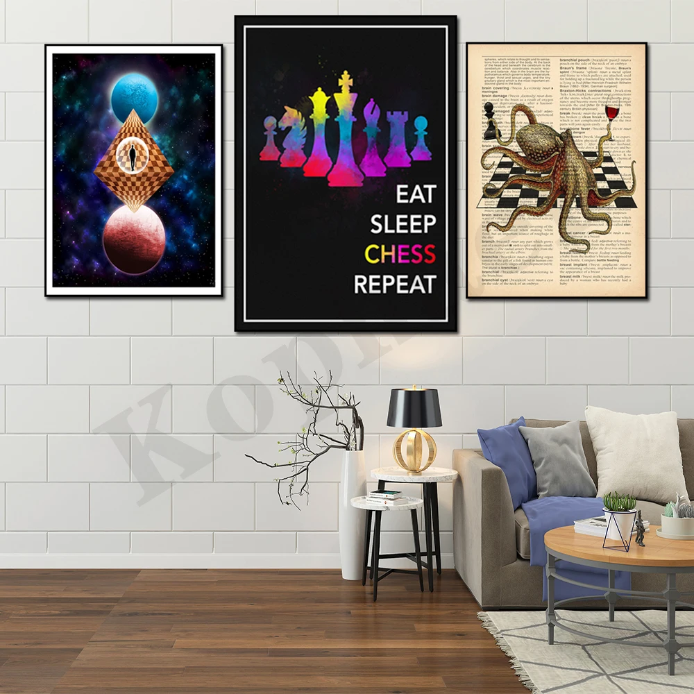 

Chess Art Surreal Space Planet Science Fiction Retro Octopus Chess Ocean Themed Funny Wall Decor Humor Illustration Poster