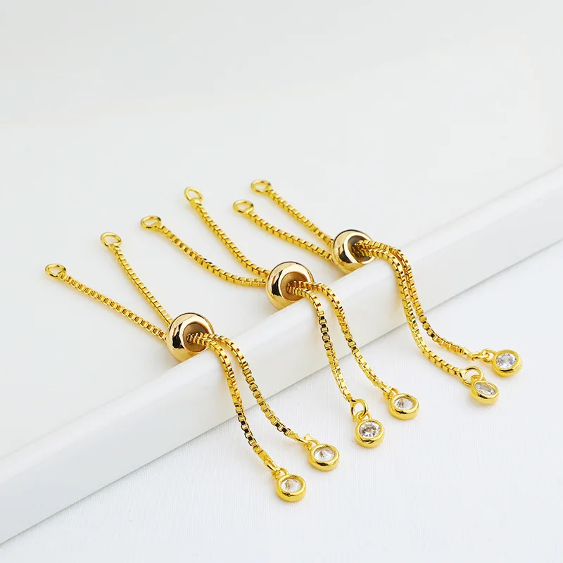 Brass 18K Gold Plated Adjustable Box Chains Rubber Slider Beads Bracelets Extender Connectors for Diy Jewelry Making Accessories