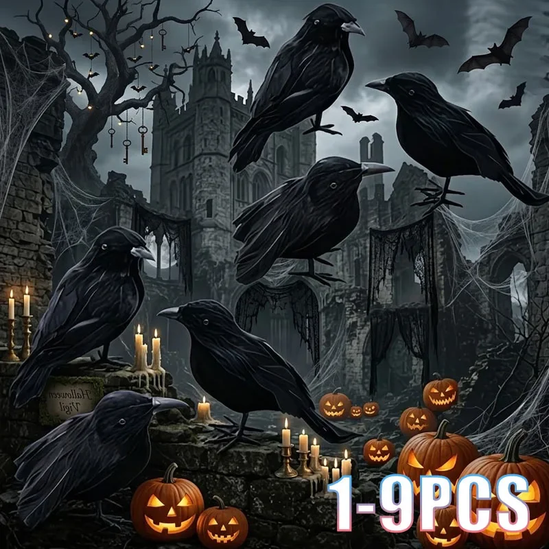 1-9PCS Artificial Black Raven Flocked Feathers Halloween Ghost Party Decoration Spooky Bird Model for Graveyard Scene Prop Favor