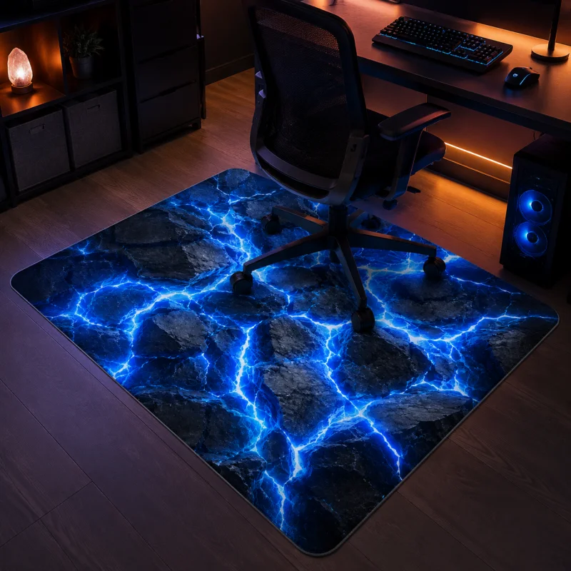VIKAMA Blue Lightning Crack Rock Gaming Chair Mat Non Slip Wear Resistant Large Floor Rug E-Sports Computer Desk Game Room Decor