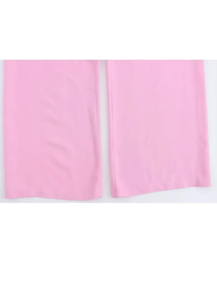 HH Women\'s Set Pink Turn Down Coller Half Sleeves Single Breasted Shirts+Mid-Waist Lace-Up Wide Leg Pants Women Fashion Suit