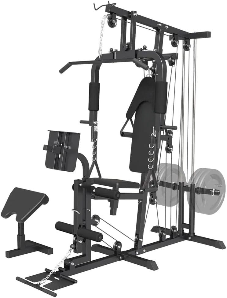 Home Gym Workout Station, Multifunctional Home Gym System with Leg Extension, Leg Press, Full Body Exercise Accessories