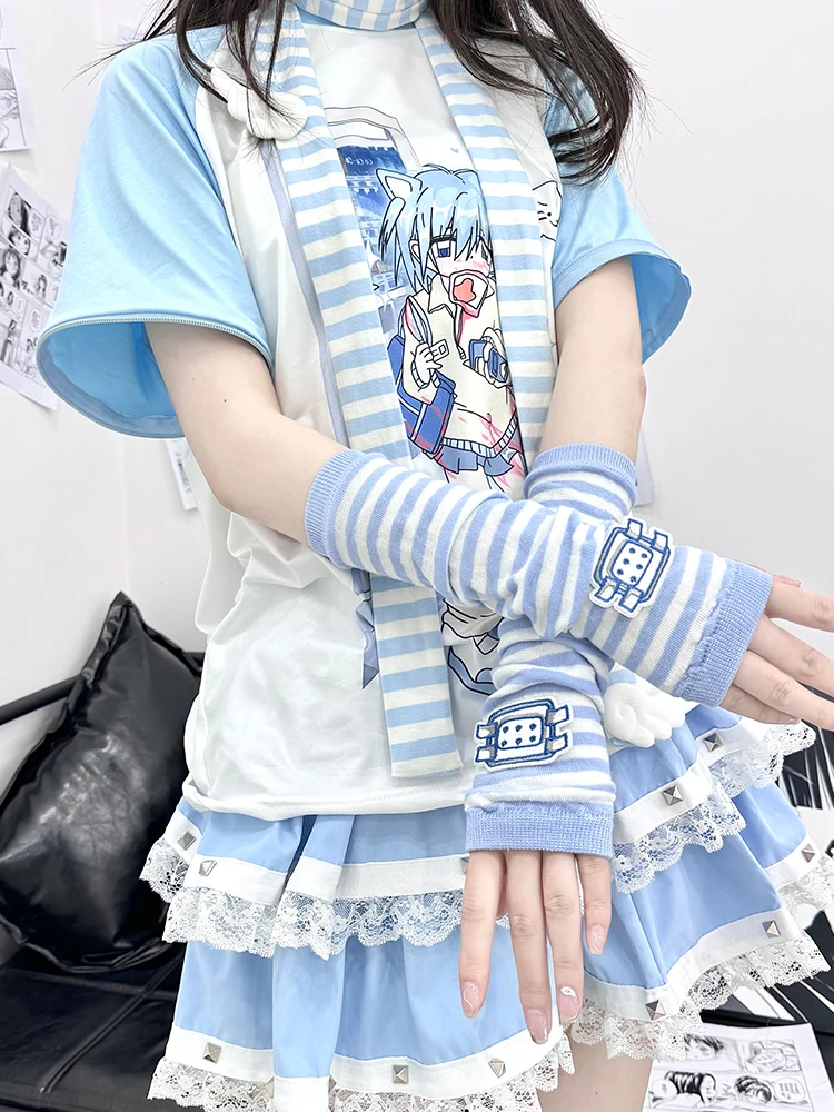 Japanese water color sky blue striped Band-Aid two-dimensional sleeve Spice girl y2k subculture dew finger versatile glove women