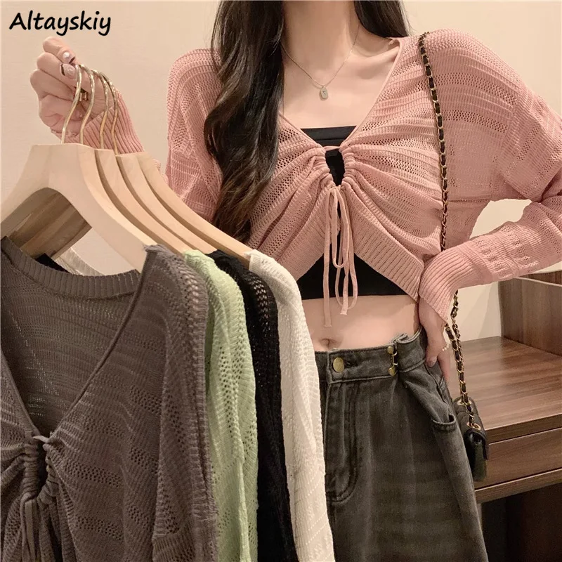 

Cardigans Women Solid Korean Fashion Summer Designed Breathable Y2k Tops All-match High Street Knitted Clothing Drawstring Ins