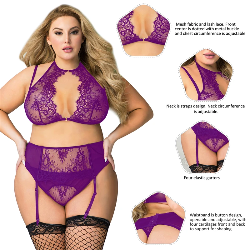 Ohyeahlady Hollow Out Sexy Suspenders Lingerie Outfit Lace Sheer Women 3Pcs Underwear Plump Plus Size 5XL Garter Bra Panties Set