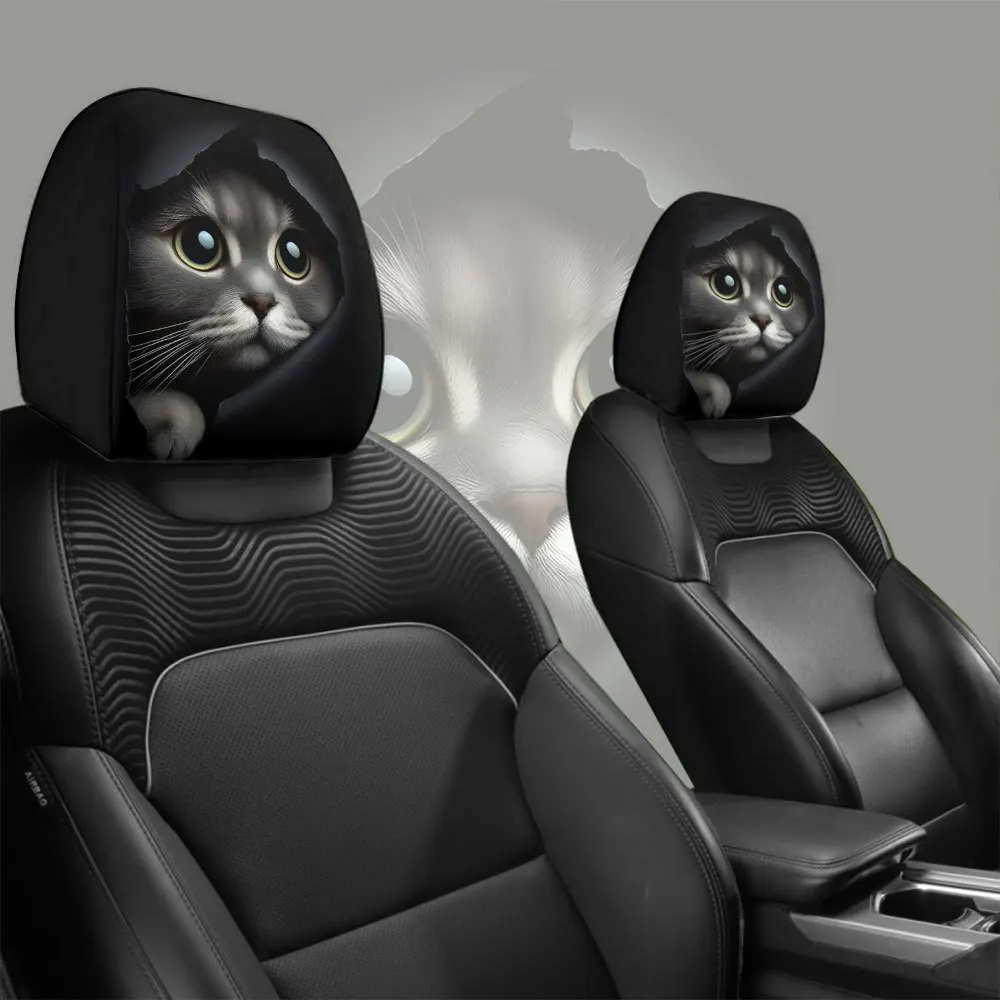 2 pieces of realistic car headrest covers with cute cats showing their faces, essential for long trips, washable and stretchable