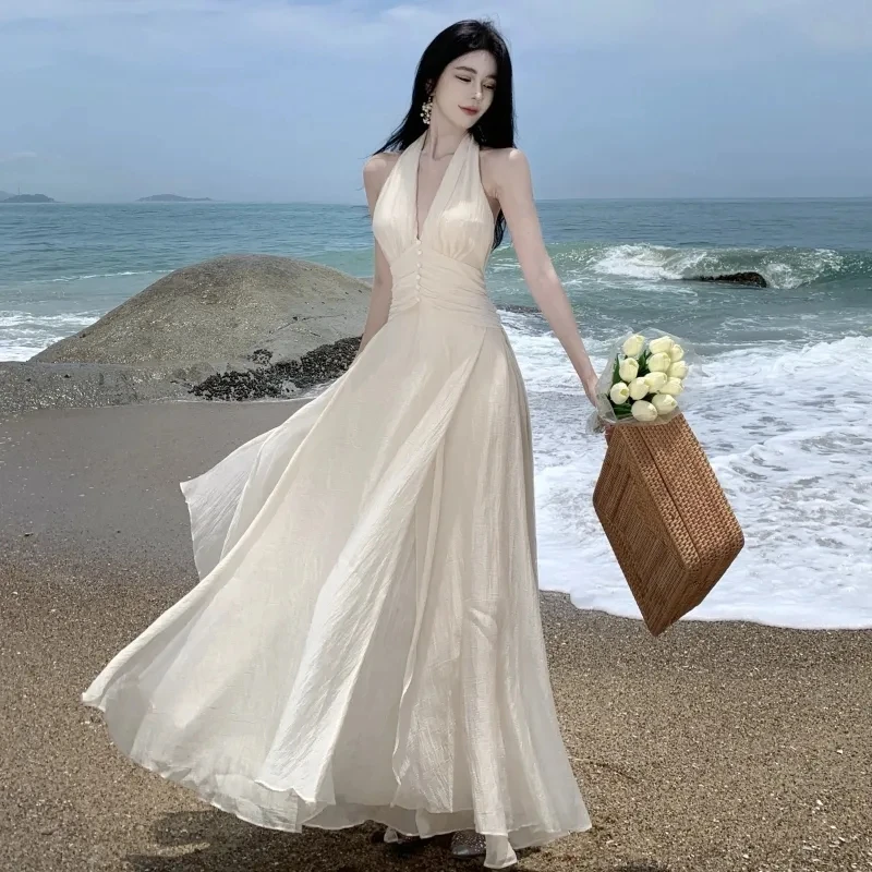 

White Midi Dresses Summer New Women 2025 Sleeveless V-neck dress Slim Party Evening Birthday Robe Holiday Prom Korean Vestidos