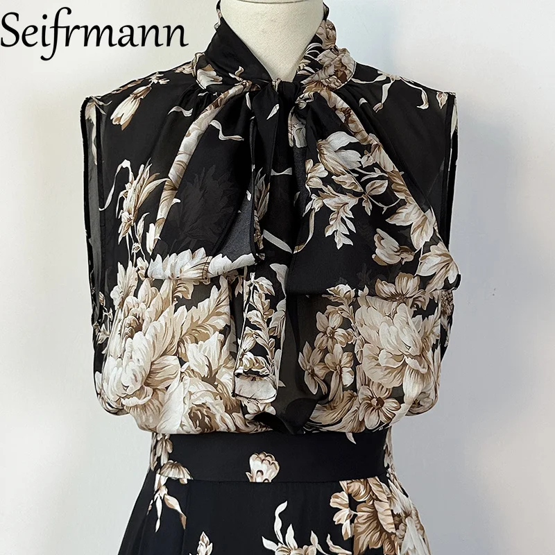 Seifrmann conjunto de seda preto perspectiva impressa sem mangas férias praia acampamento conjunto de vestido de moda feminina