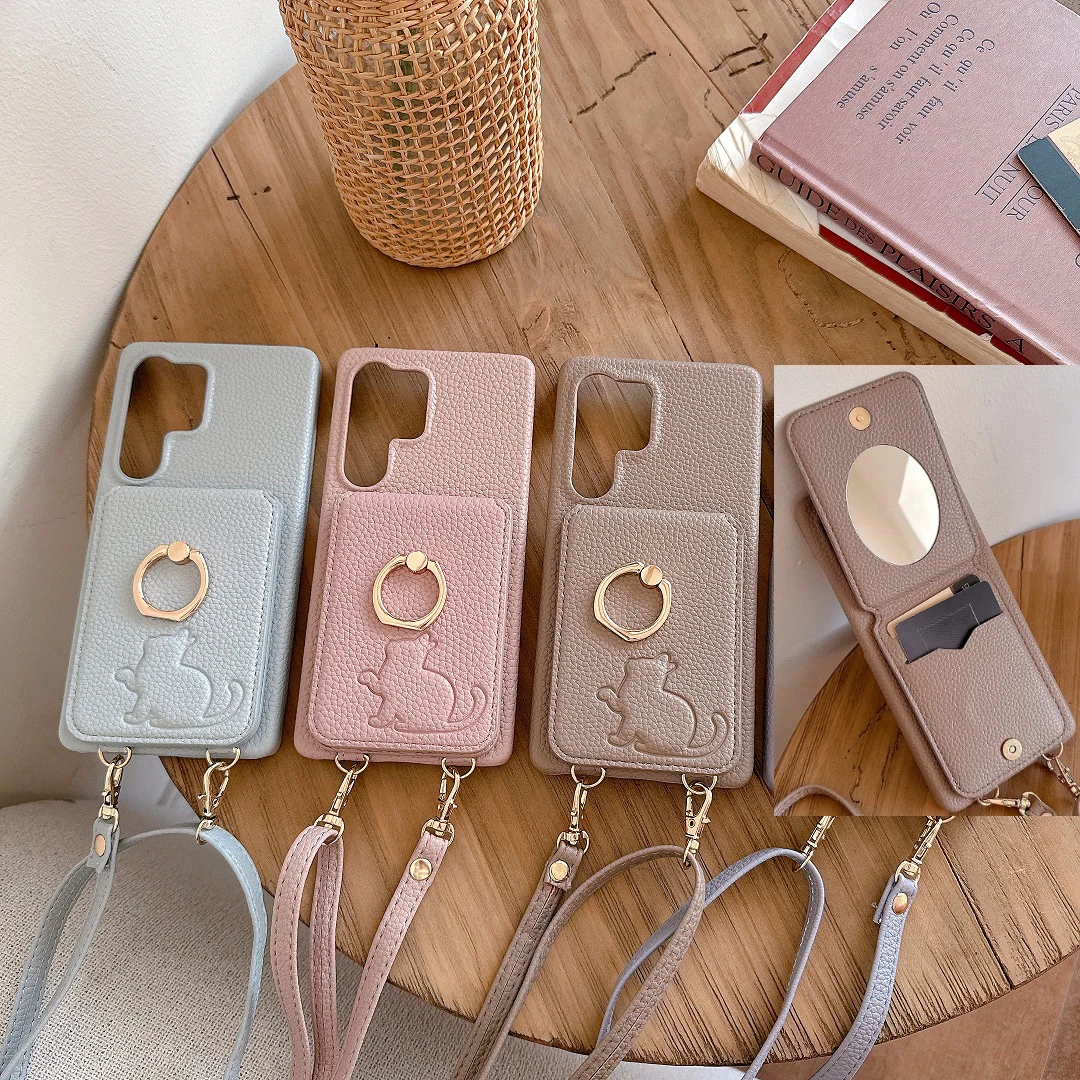 

Luxury Shoulder Leather Wallet Card Pocket Case For Samsung Galaxy S24 25 Ultra S23FE S22Plus Makeup Mirror Cover Ring Stand