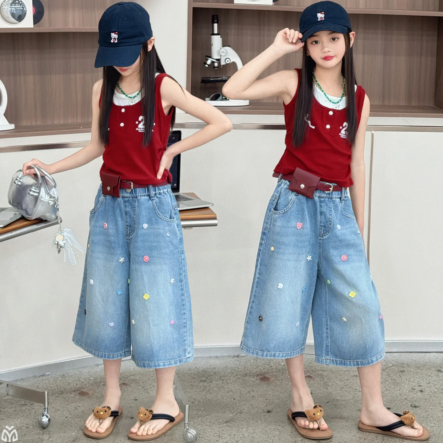 Kids Child Summer Denim Shorts with Hand-nailed buckle for Tweens Girl Hip Hop Pocket High Waist Slim Knee Length Capris Jeans