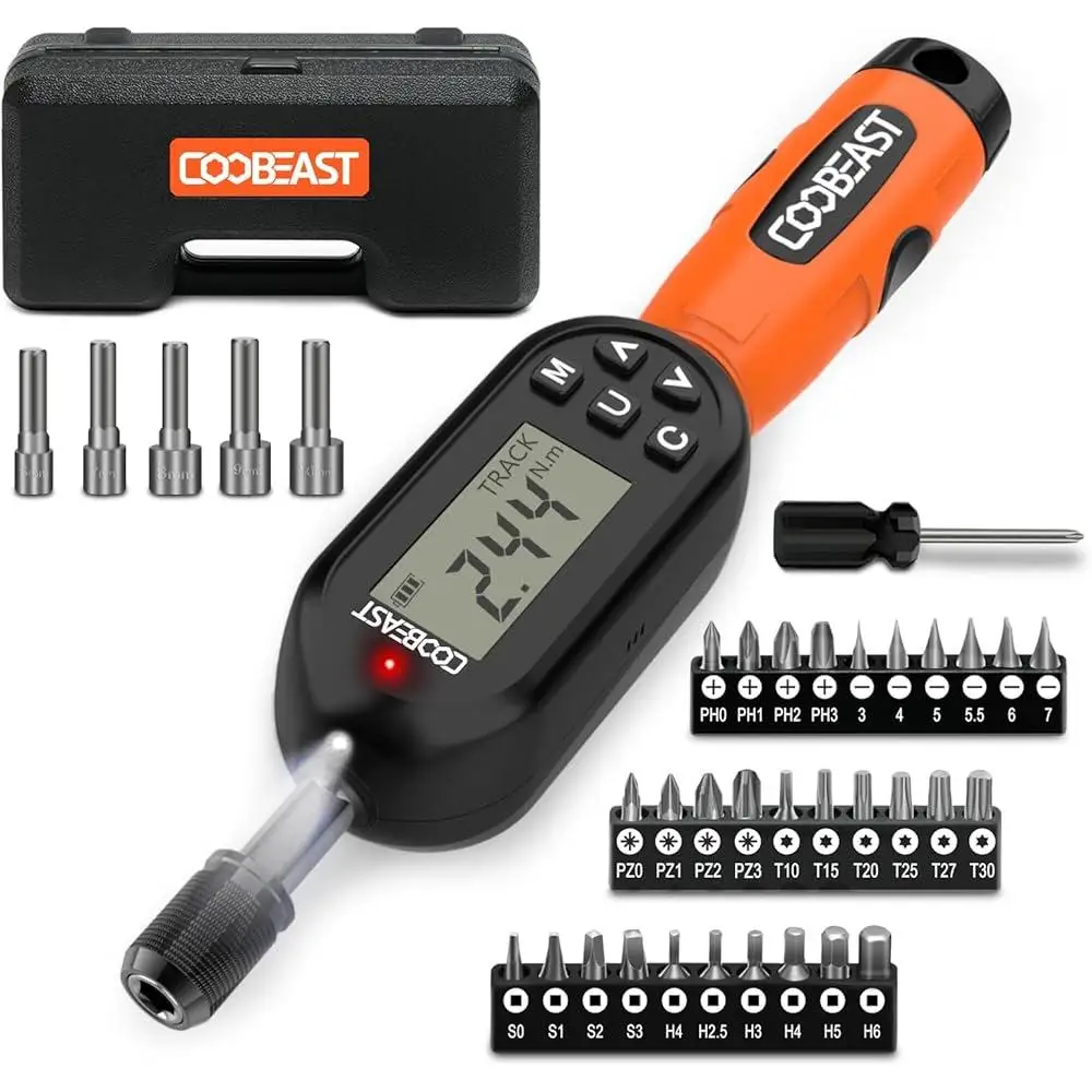 38pcs Digital Torque Screwdriver Set 1/4 Inch Drive Adjustable Electronic Torque Wrench with LED Indicator Calibration