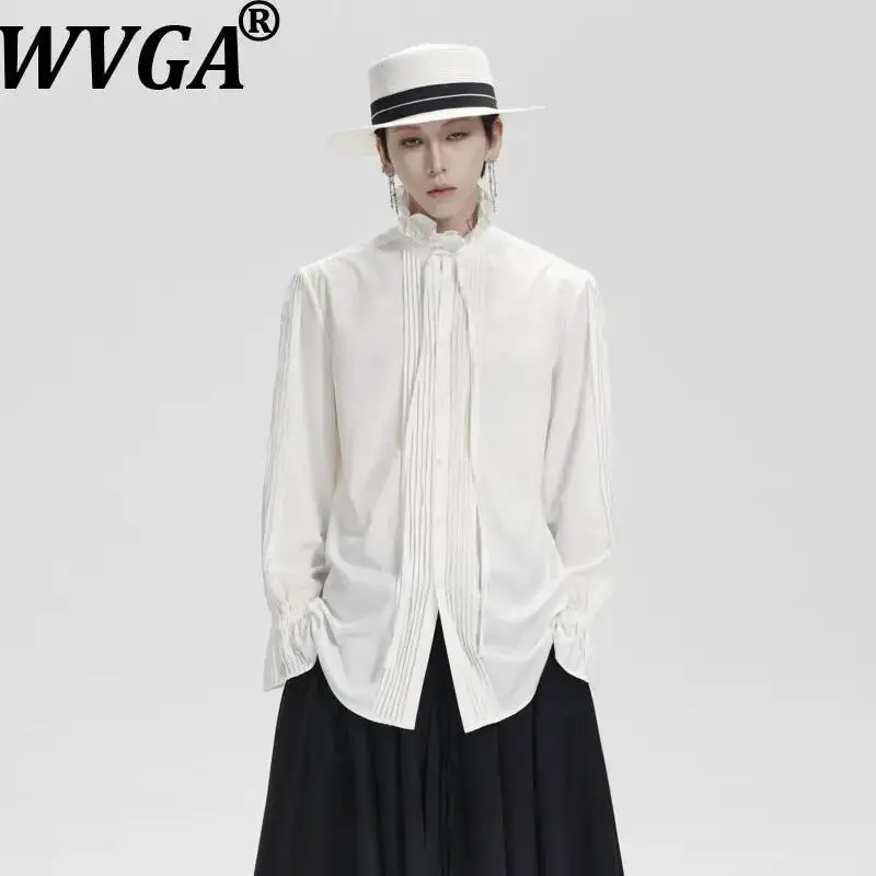 WVGA Spring Autumn New Men Pleated French Style Straight-shoulder Anti-wrinkle Long Sleeved Shirts Niche Chic Casual Tops W26476