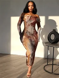 kliou Tie Dye Women Maxi Dress Vintage Elegant Hipster Off Shoulder Full Sleeve Body-shaping Robe Female Y2K Trend Streetwear