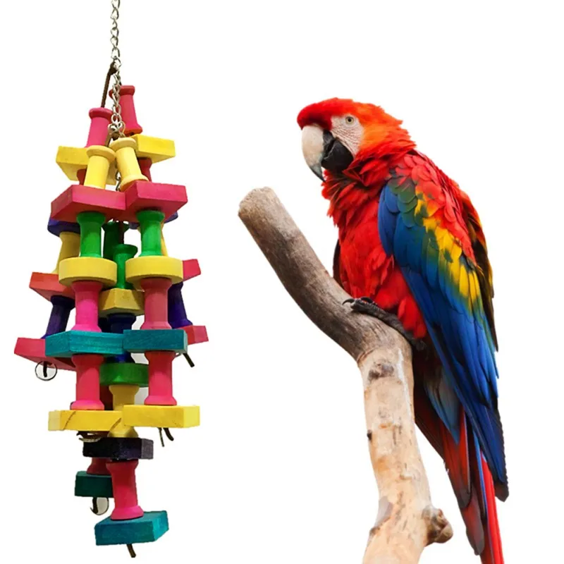 Wood Parrot Bird Toys Hanging Rope Pet Multi Colored Wooden Bite Resistant Birds Chewing Toy Training Hang Swing Pets Supplies