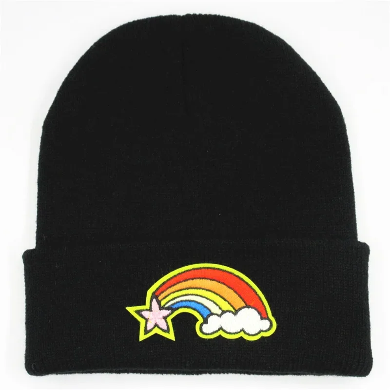 Winter Warm Rainbow Embroidery Cotton Thicken Knitted Hat Skullies Cap Beanie Hat for Men and Women 149