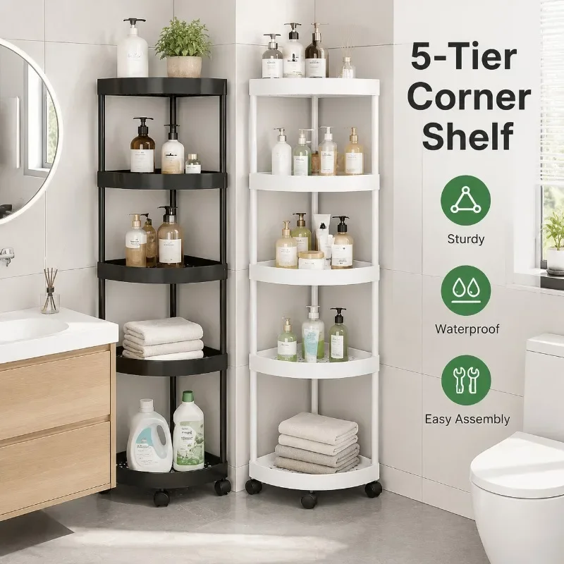 5‑Tier Rolling Corner Storage Cart Movable Triangle Shelf Drainage Design for Bathroom Kitchen Floor Corner Organizer