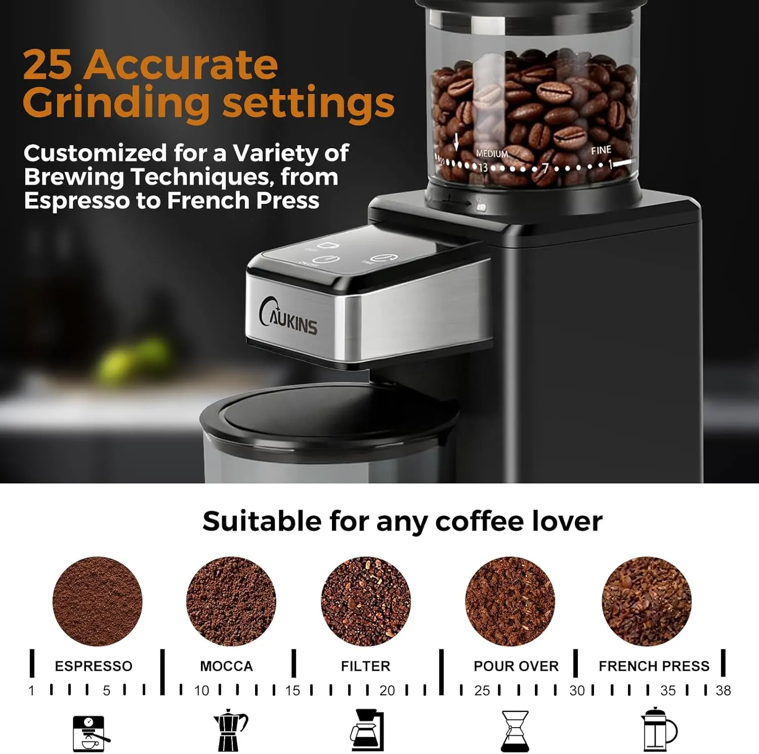 Electric Coffee Grinder for Home & Office: Automatic Conical Burr Coffee Grinder wtih 25 Precision Grind Settings - 120g