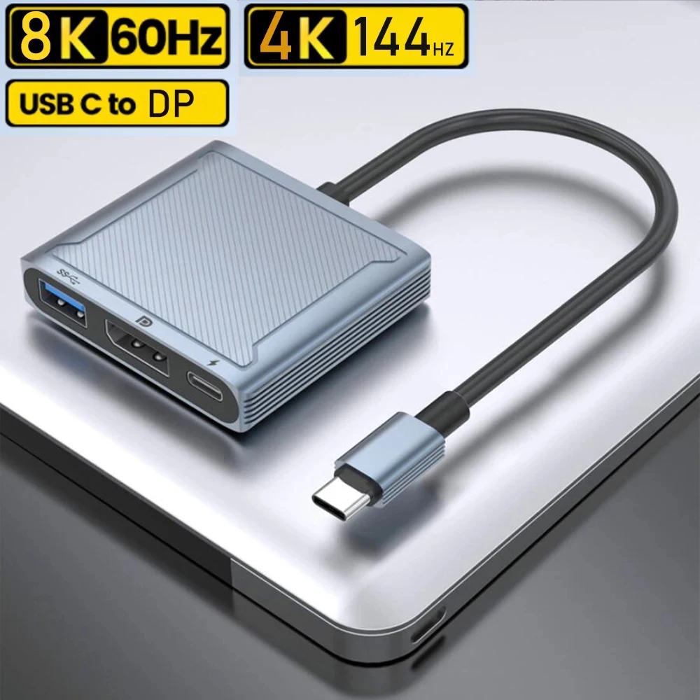 

3-in-1 USB C to DisplayPort 1.4 dock 8K Thunderbolt 3 Type C to DisplayPort 1.4 Cable with PD charging USB 3.0 port For Macs