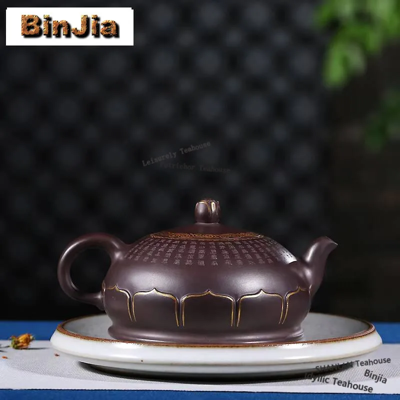 405ml Yixing Purple Clay Teapot Handmade Gold Tracing Buddha Lotus Pot Raw Ore Purple Mud Kettle With Infuser Zisha Tea Set Gift