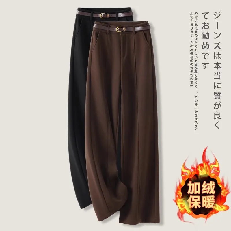 سروال بدلة صوف للنساء والشتاء، سروال أنيق من الأرز الدبق، مبطن بالصوف دافئ ضيق مستقيم-