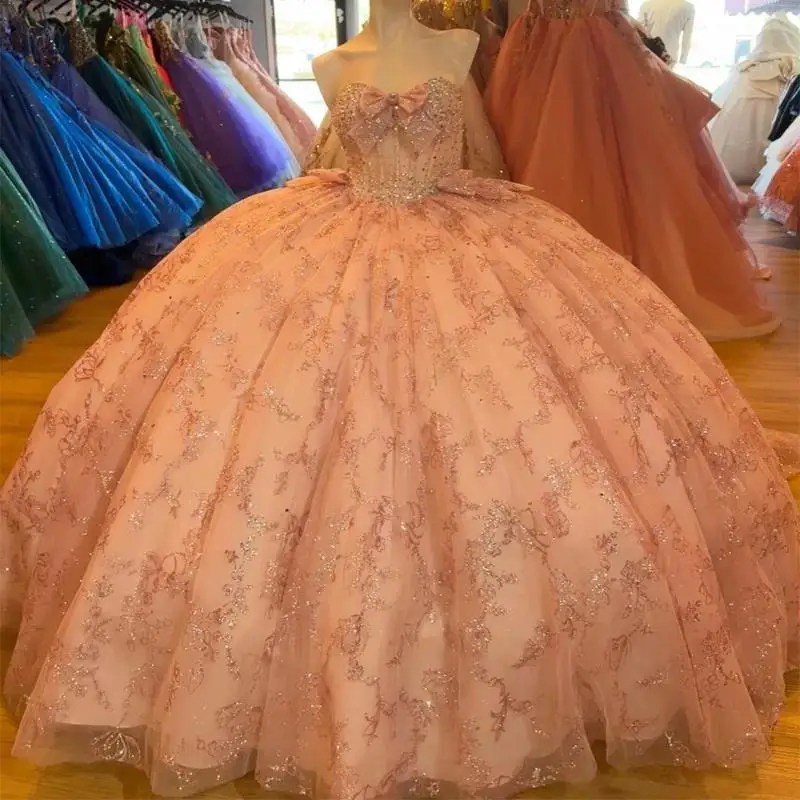 

Customized Pink Shiny Quinceanera Dresses Off The Shoulder Sequin Lace Applique Beads Bow Tull Ball Gown Birthday Party Sweet 16