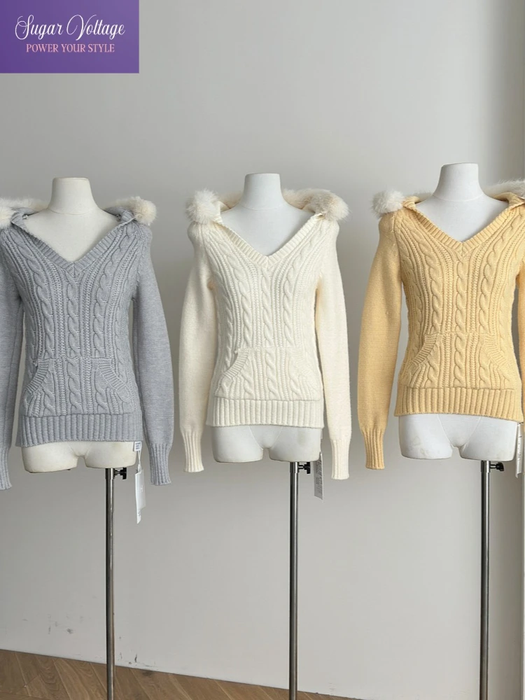 

Winter Vintage Fashion Knit Soft Fur Collar Hooded Sweater Women Slim Fit Long Sleeve V-Neck Tops Casual Retro Elegant Pullovers