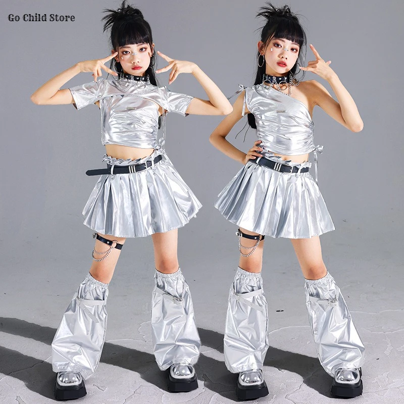 Girls K-pop Silver Crop Top Shiny Street Dance Skirts Kids Hip Hop Jazz Clothes Set Children Streetwear Girl Group Stage Costume