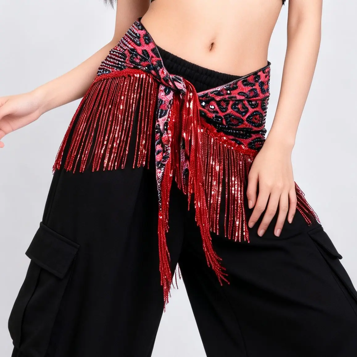 Belly Dancing Leopard Print Hip Scarf Tassels Outfit for Women Jazz Dance Belt Costume Accessory Dance Clothes Triangular Scarf
