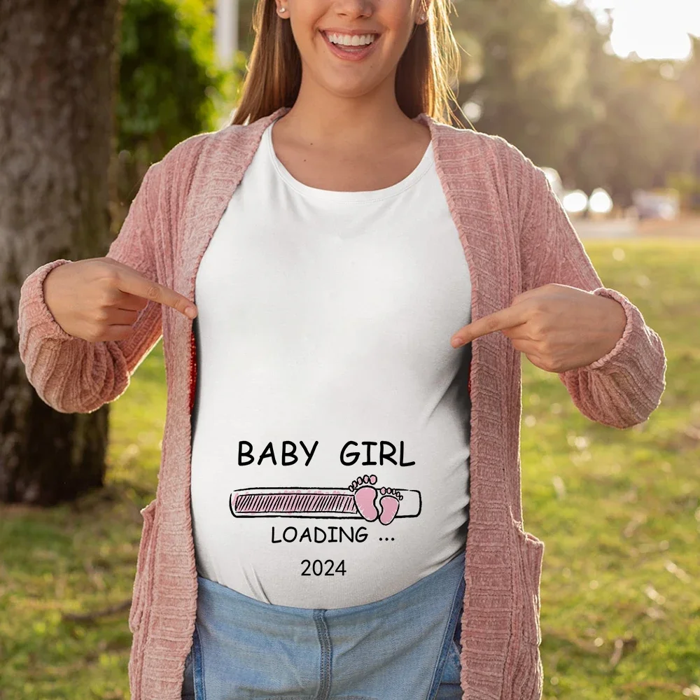 Pregnancy Announcement Shirts 2024 Mom Baby Boy and Girl Loading T-Shirt Maternity Outfits Gender Reveal Baby Loading Shirts