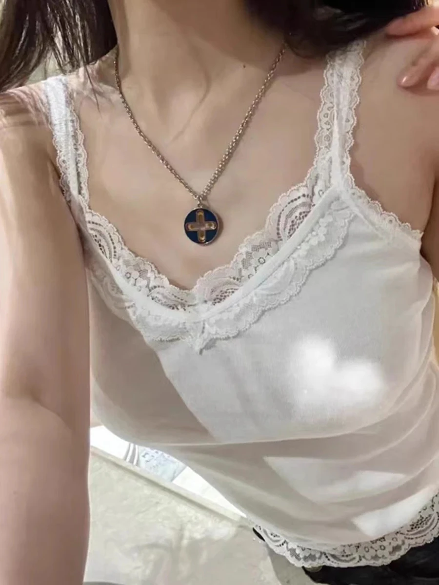 Süße Spitze Patchwork Schlank Tank Tops Frauen Sommer Weiß Sexy Einfache Baumwolle Weiche Ärmellose Westen Weibliche Vintage Chic Y2K Leibchen – Detail 6