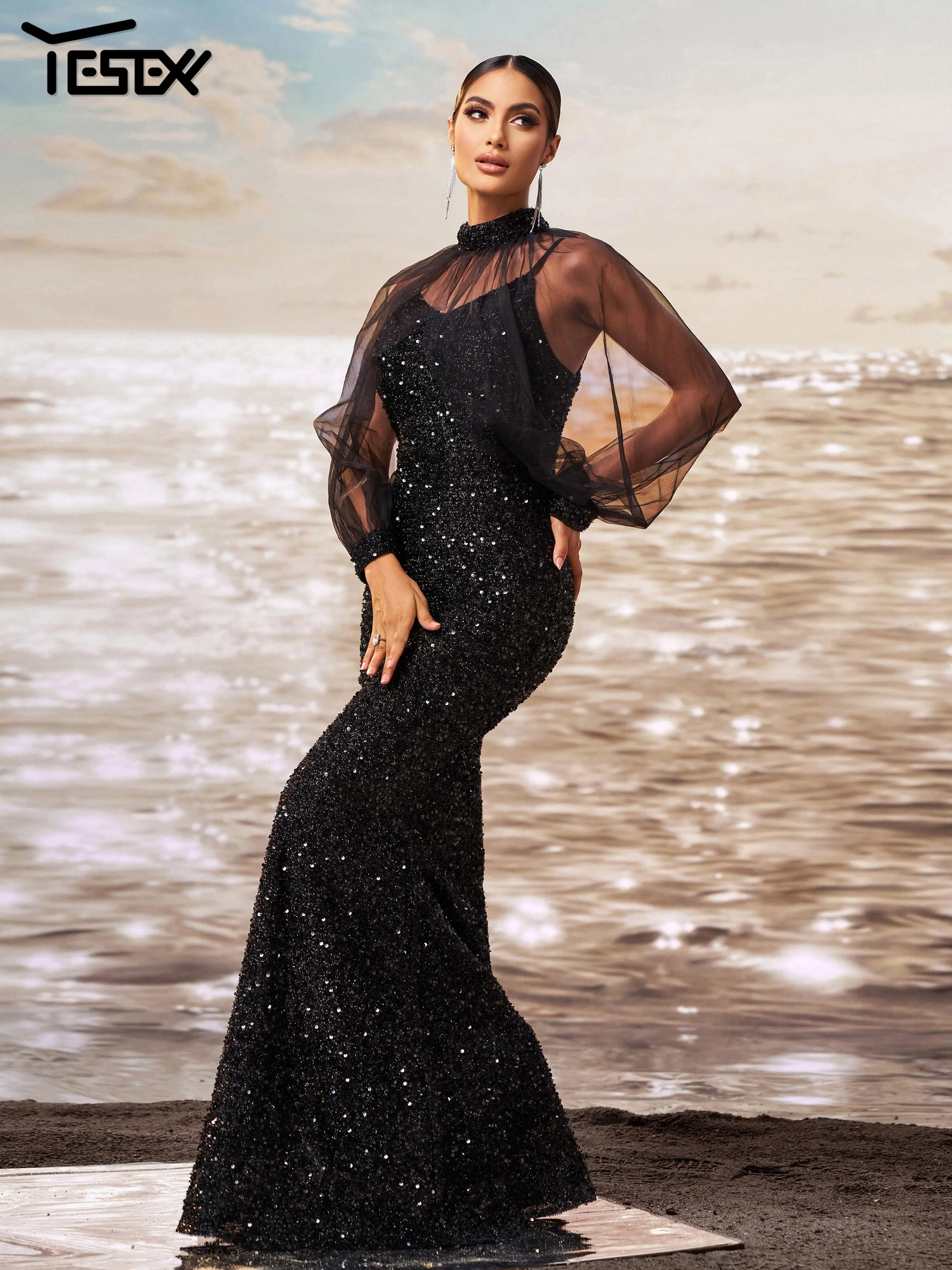 

Yesexy New Black Round Neck Mesh Sleeve Sequin Mermaid Evening Gown Wedding Birthday Party Cocktail Prom Graduation Dresses