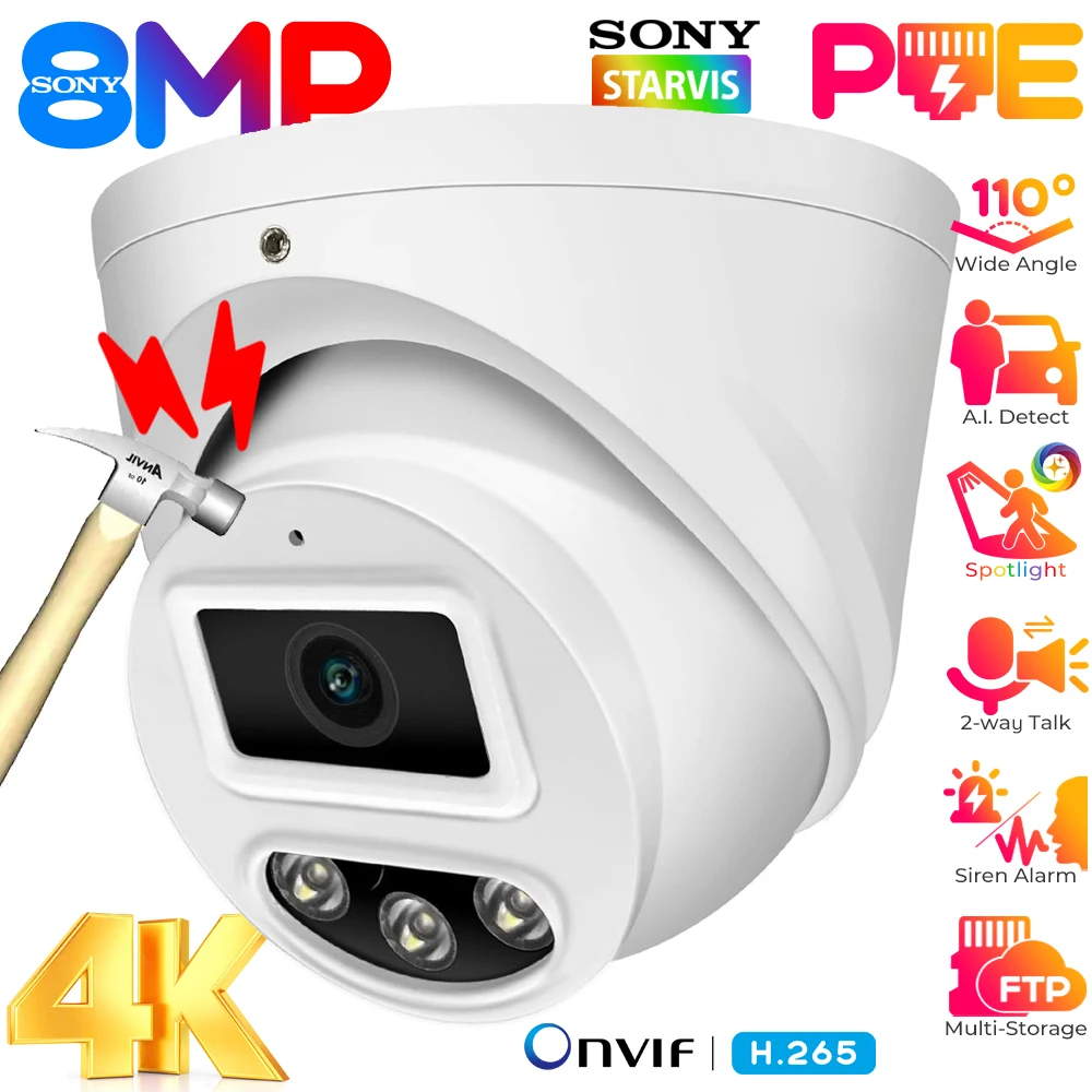 

4K 8MP Fixed Dome PoE IP Camera Outdoor 108° Wide Angle Security Camera for Home Surveillance Color Night Vision 2-way Audio Cam