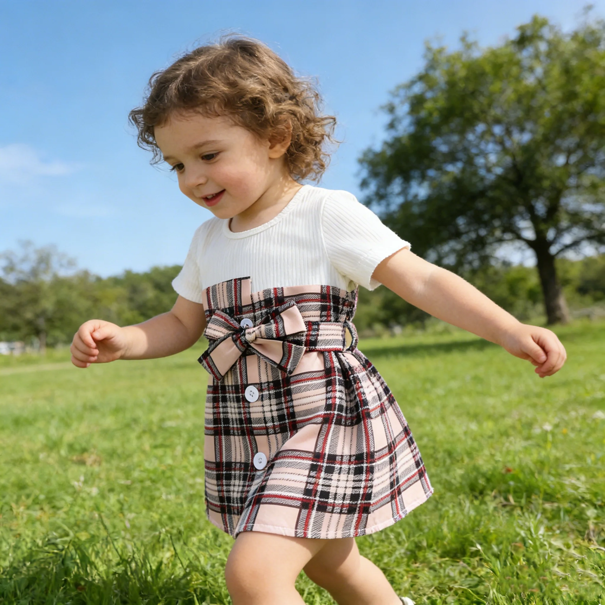 Sweet Plaid Baby Girl's Dress with Butterfly Knot Short Sleeve Breathable Two-Piece Princess Skirt for Summer