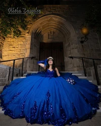 Remarkable King Blue Sequin Appliques Quinceanera Dress Ball Gown With Sleeves Sweetheart vestidos de 15 quinceañera Customized