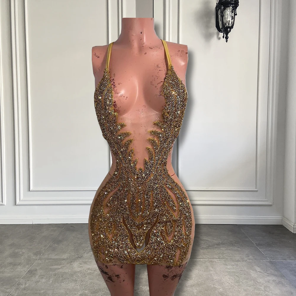 

Блестящие прозрачные женские платья для дня рождения, роскошные золотые бисерные африканские черные платья для выпускного вечера для девочек 2023, расшитые бисером