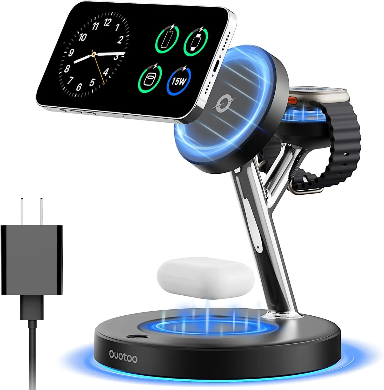 

3 in 1 Magnetic Charging Station for iPhone, Apple Watch, AirPods - Fast Wireless Charger Stand with LED Light