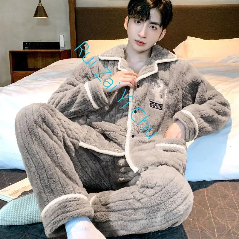 Menpyjama Warm Winter Sleepwear Thickened Embroidery Pajama Set Flannel Autumn Nightwear Soft Long Sleeve Long Pants Oversized