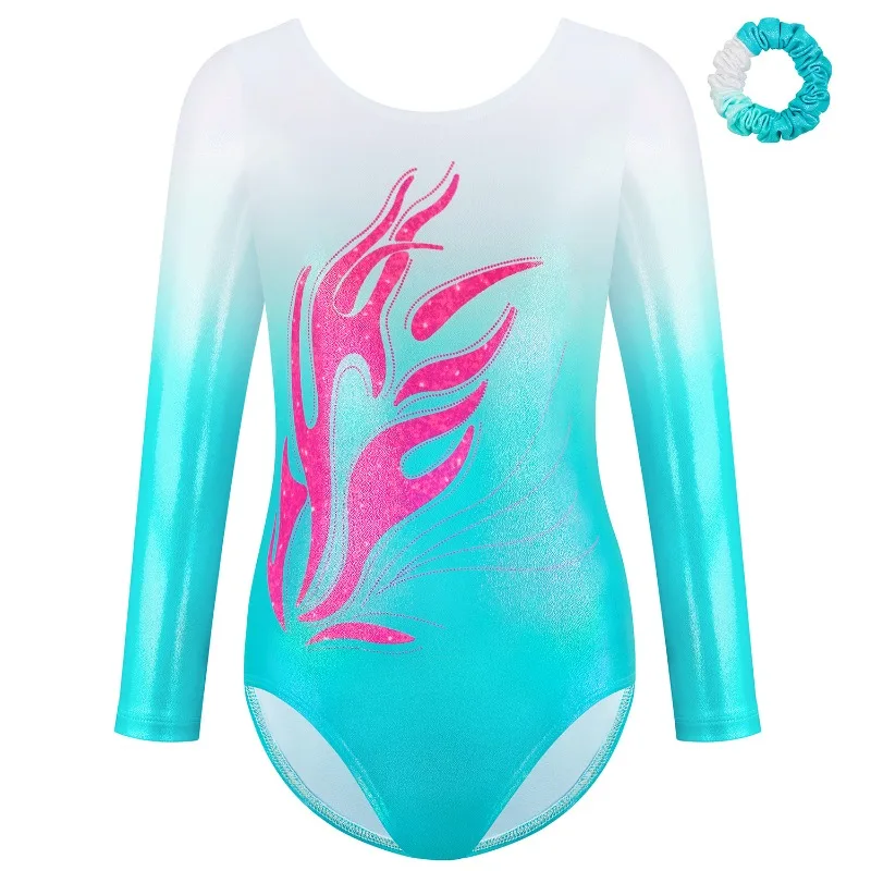 Kids Ballet Leotard Long Sleeve Digital Print Hot Foil Dance Bodysuit Elegant Gymnastics Outfit