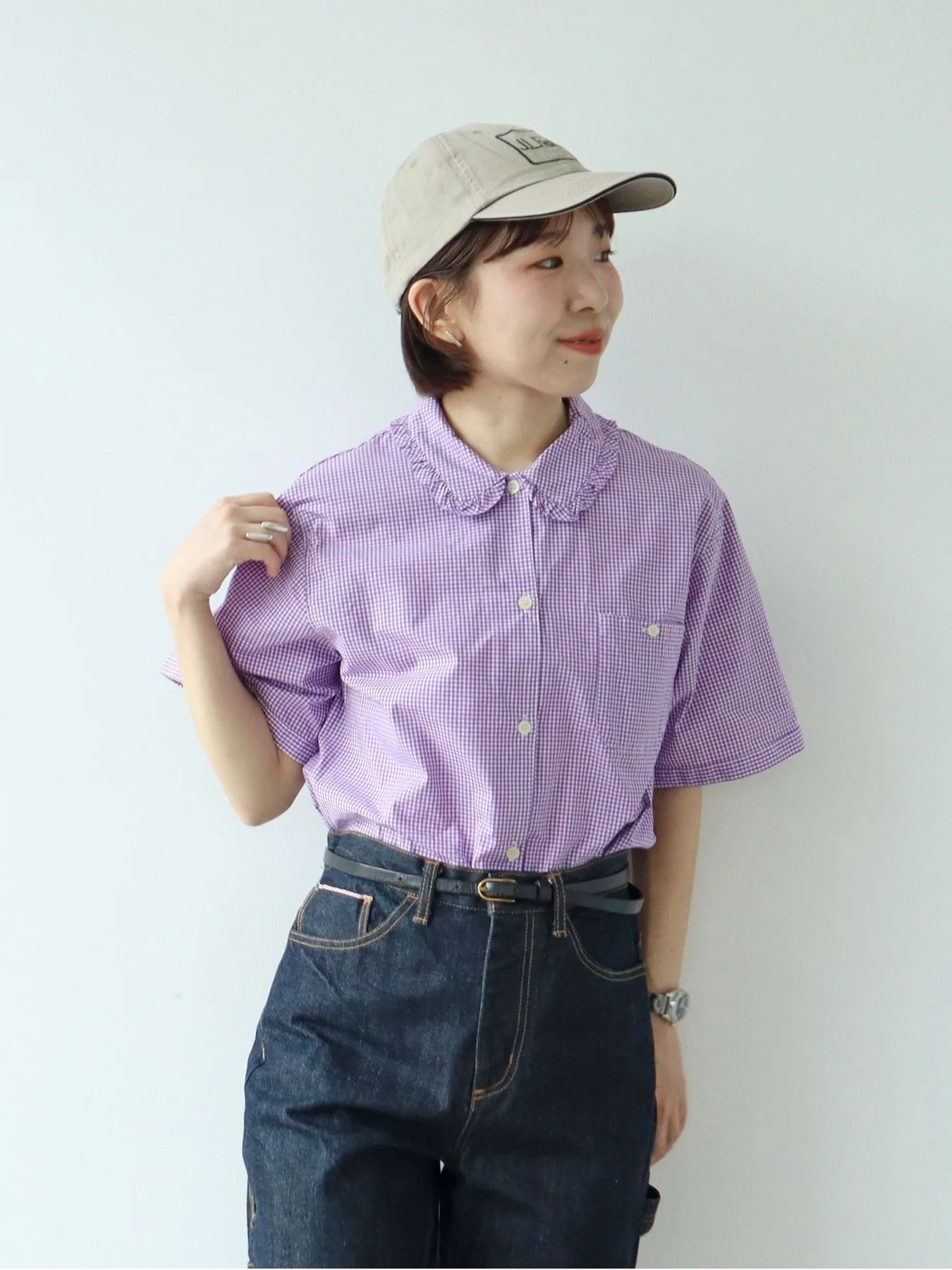 

Summer New Style Japanese A-Brand Small Grid Artistic Casual Versatile Lace Trim Collar Short Sleeve Women's Shirt