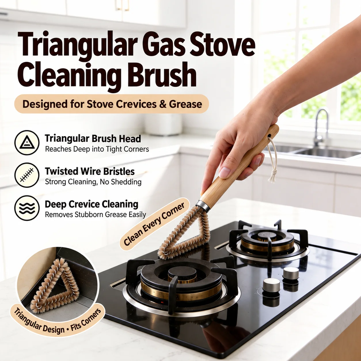 Triangular Gas Stove Cleaning Brush Solid Wood Long Handle Hard Bristle Gap Crevice Scrub Brush Multi Purpose Cleaner for Kitche